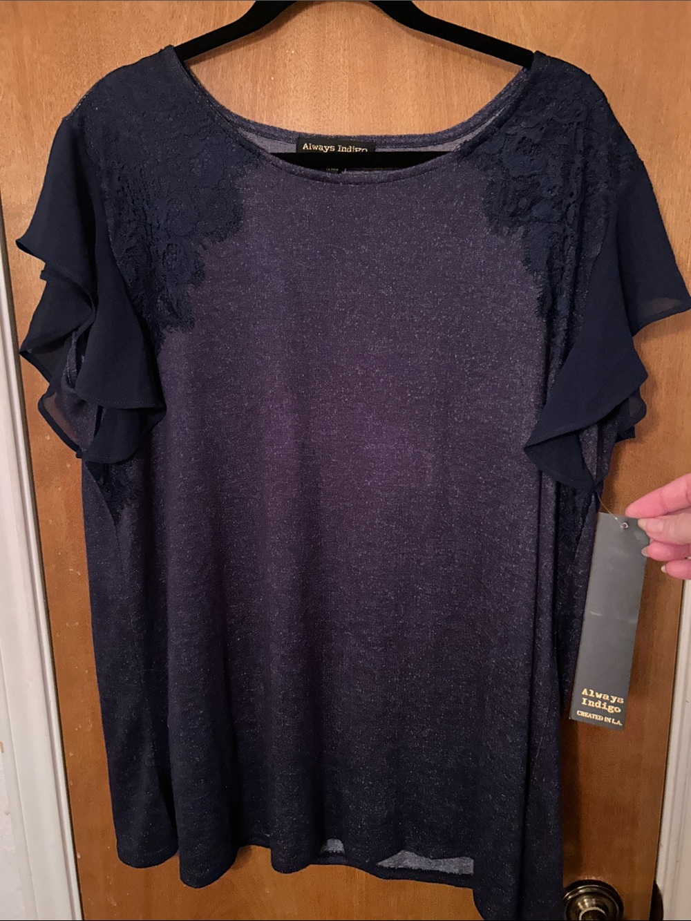 CLEARANCE!! Always Indigo Navy Lace & Ruffle Short Sleeve women’s tee. XL NWT